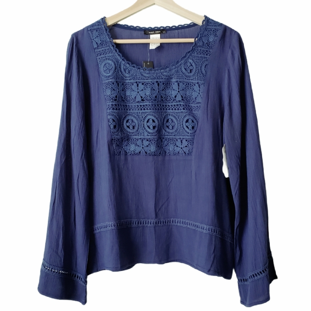 *NEW* Boho Crochet Blouse Navy Long Sleeve  Sz M